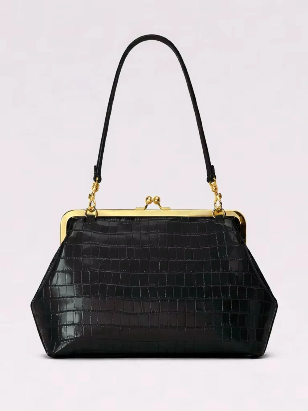 Classic Black Croc-Embossed Frame Shoulder Bag with gold kiss lock